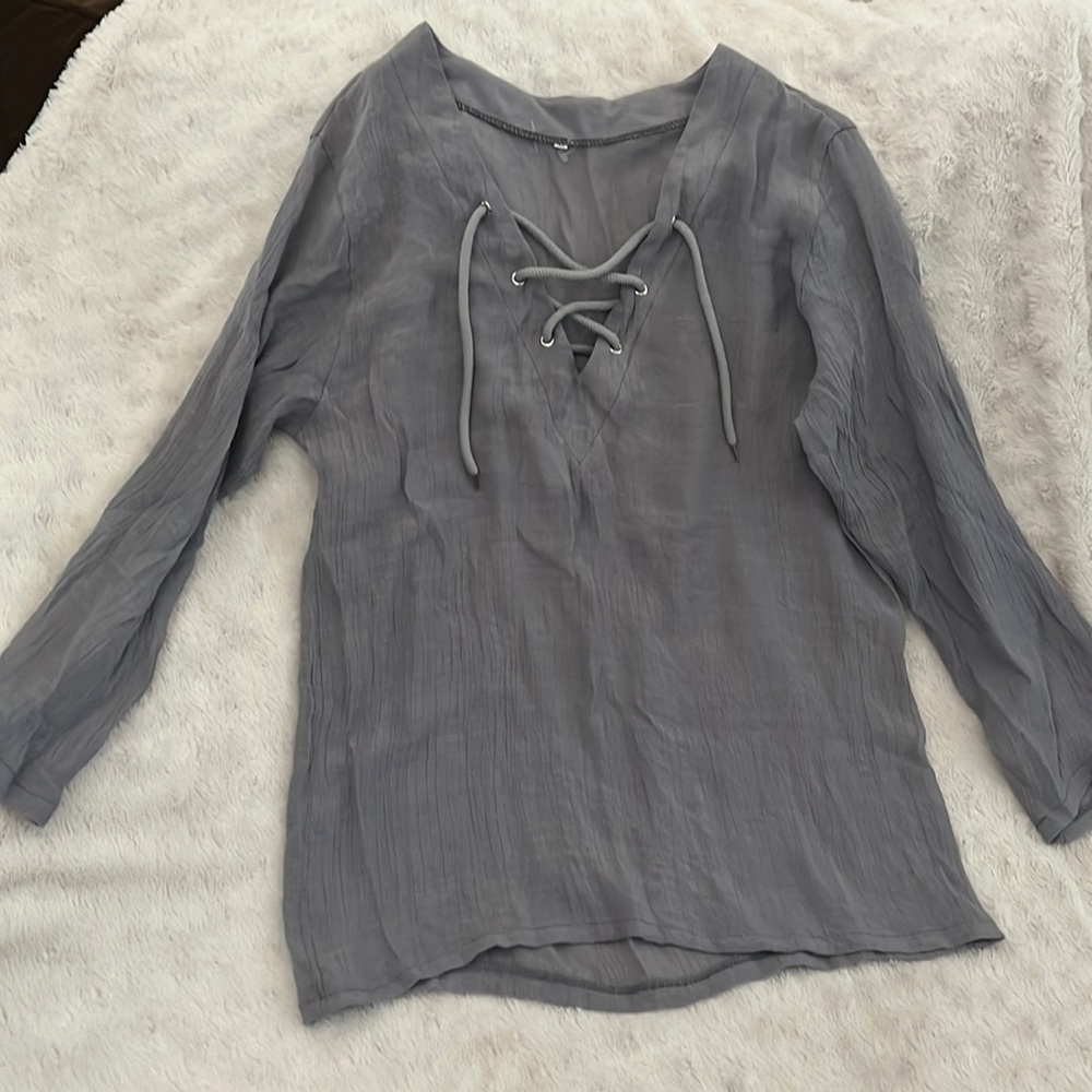 Women’s sheer gray tie v neck